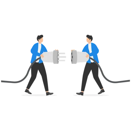 Two Businessman Holding Huge Wired Electrical Plug And Socket Ready To Establish Connection Illustration