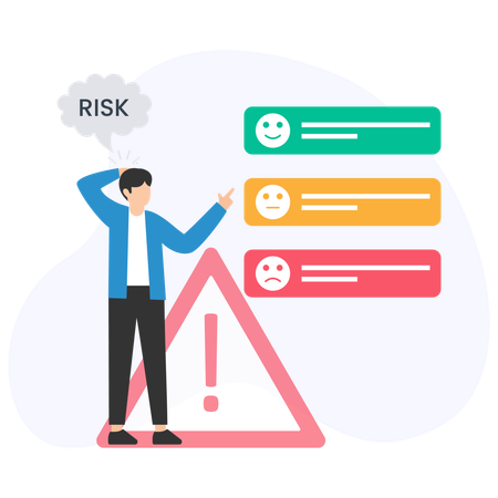 Businessman evaluating risks and making decisions with emojis  Illustration