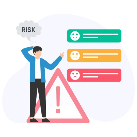 Businessman evaluating risks and making decisions with emojis  Illustration