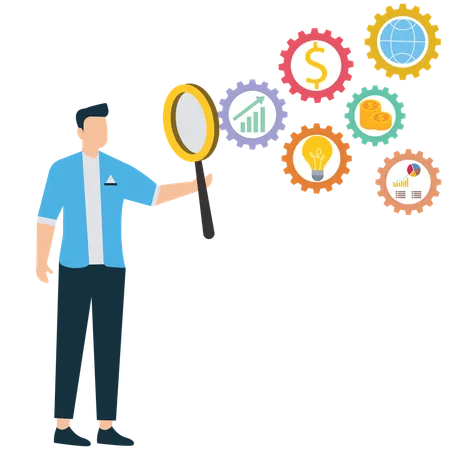 Businessman examining Business Elements  Illustration