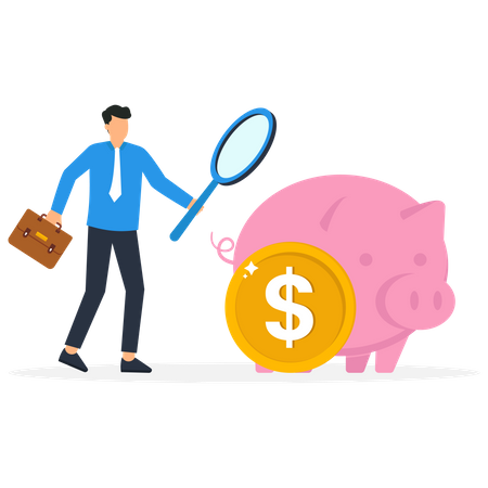 Businessman examining Piggy bank  Illustration