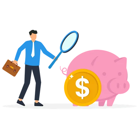 Businessman examining Piggy bank  Illustration