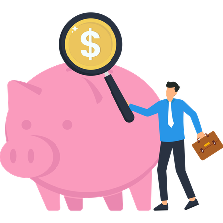 Businessman Examining Piggy Bank with Magnifying Glass Dollar Sign  Illustration