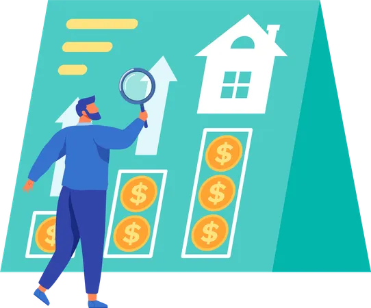 Person Analyzing Results Of Project Man Holding Magnifying Glass Tool To Zoom Data And Look Closer Businessman Examining Real Estate Investment Plan Real Estate Value Growth Vector Illustration Illustration