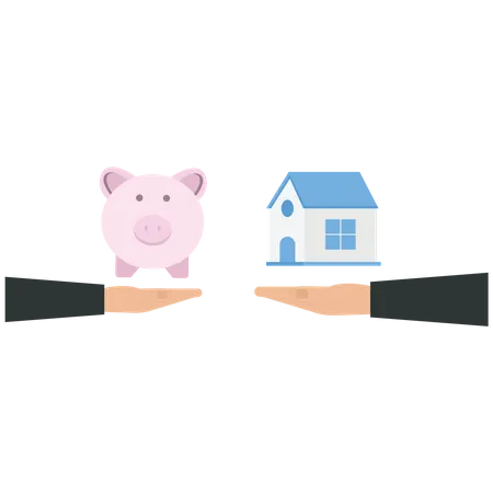 Businessman exchange between house and piggy bank  Illustration