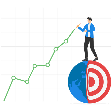 Businessman expert standing on earth drawing financial graph and chart  Illustration
