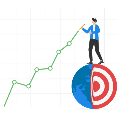 Businessman expert standing on earth drawing financial graph and chart  Illustration