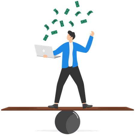 Businessman expertise riding seesaw making money from laptop  Illustration