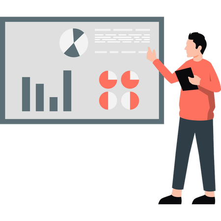 Businessman explaining about different pie charts  Illustration