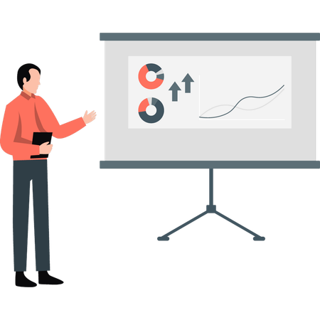 Businessman explaining pie increasing graphs on board  Illustration