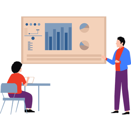 Businessman explaining to a girl about graphs on the board  Illustration