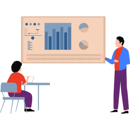 Businessman explaining to a girl about graphs on the board  Illustration