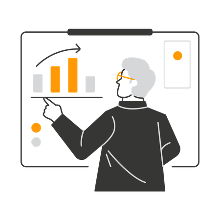 Businessman explains business graphs on board  Illustration