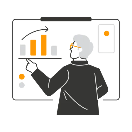 Businessman explains business graphs on board  Illustration