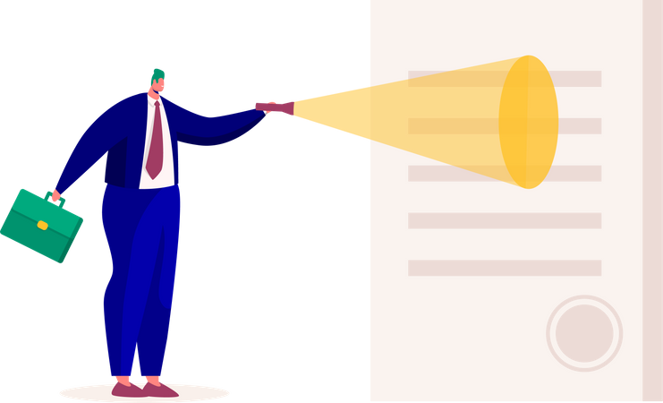Businessman Explore Contract Lighted with Flashlight  Illustration