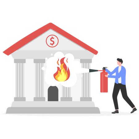 Businessman extinguish fire on bank using fire extinguisher  Illustration