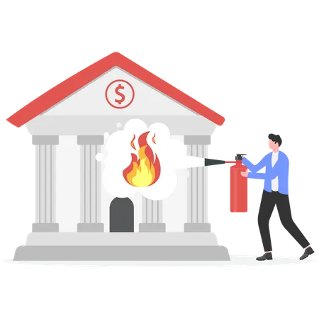 Businessman extinguish fire on bank using fire extinguisher  Illustration