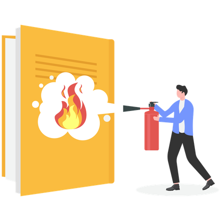 Businessman extinguish fire on book using fire extinguisher  Illustration