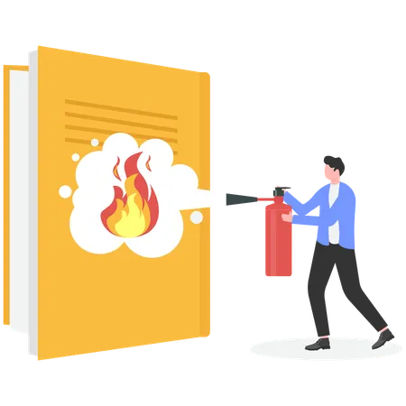 Businessman extinguish fire on book using fire extinguisher  Illustration