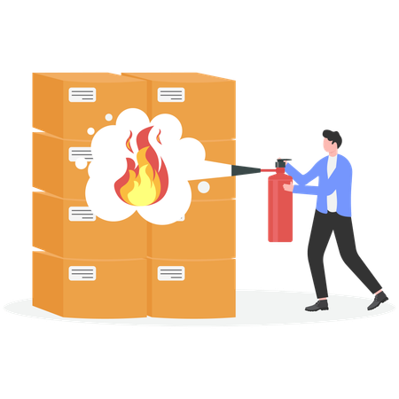 Businessman extinguish fire on boxes using fire extinguisher  Illustration
