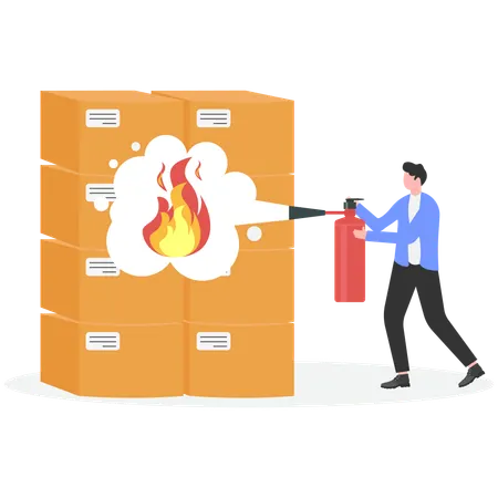 Businessman extinguish fire on boxes using fire extinguisher  Illustration