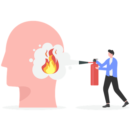 Businessman extinguish fire on brain using fire extinguisher  Illustration