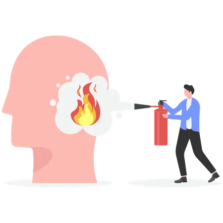 Businessman extinguish fire on brain using fire extinguisher  Illustration