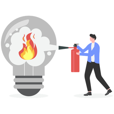 Businessman extinguish fire on bulb using fire extinguisher  Illustration
