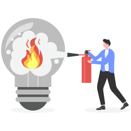 Businessman extinguish fire on bulb using fire extinguisher  Illustration