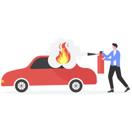 Businessman extinguish fire on car using fire extinguisher  Illustration