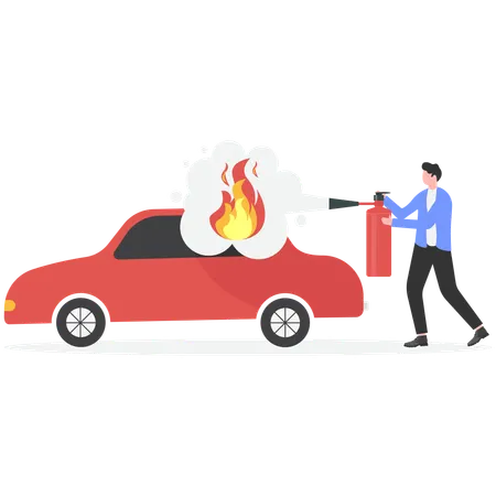 Businessman extinguish fire on car using fire extinguisher  Illustration