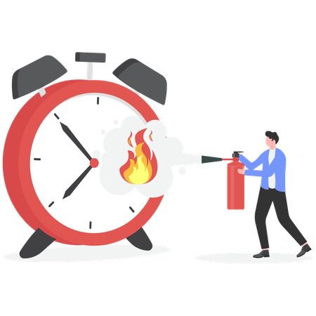Businessman extinguish fire on clock using fire extinguisher  Illustration