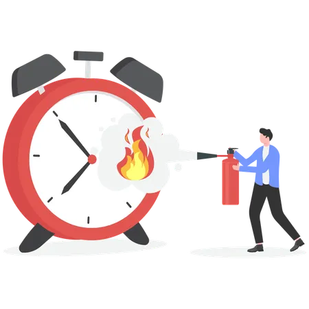 Businessman extinguish fire on clock using fire extinguisher  Illustration