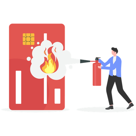 Businessman extinguish fire on credit card using fire extinguisher  Illustration