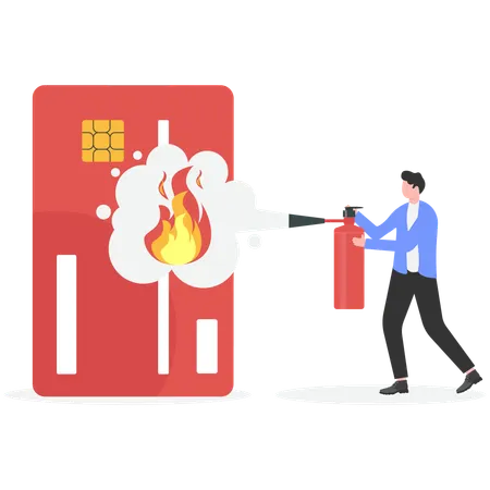 Businessman extinguish fire on credit card using fire extinguisher  Illustration