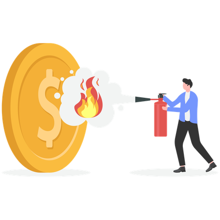 Businessman extinguish fire on dollar coin using fire extinguisher  Illustration