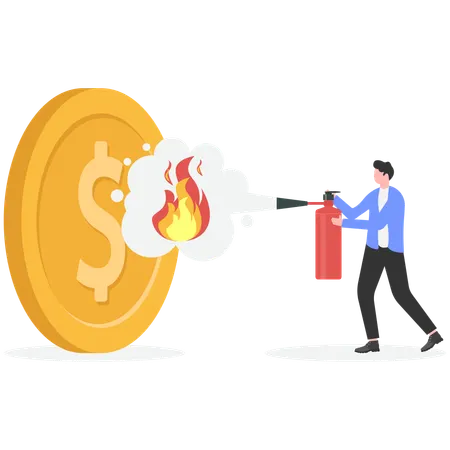 Businessman extinguish fire on dollar coin using fire extinguisher  Illustration