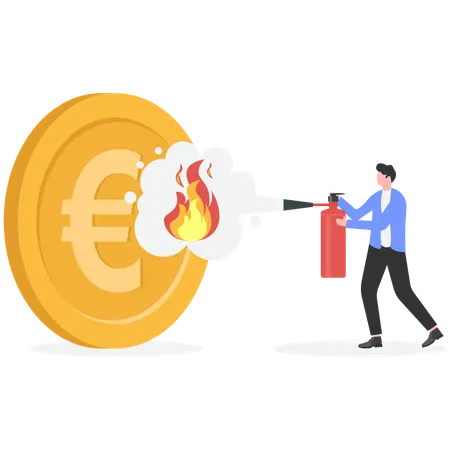 Businessman extinguish fire on euro coin using fire extinguisher  Illustration