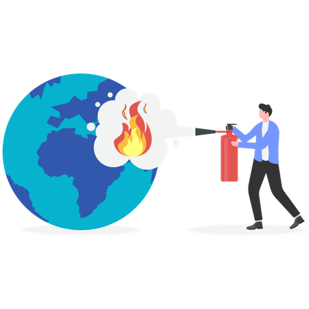Businessman extinguish fire on globe using fire extinguisher  Illustration