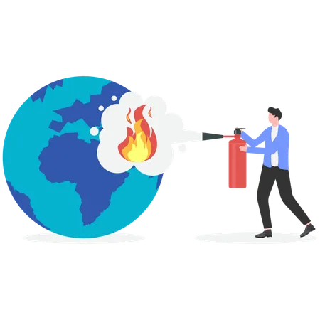 Businessman extinguish fire on globe using fire extinguisher  Illustration