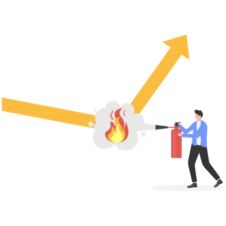 Businessman extinguish fire on growth chart using fire extinguisher  Illustration