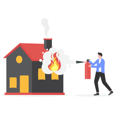 Businessman extinguish fire on home using fire extinguisher  Illustration