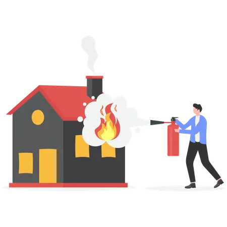 Businessman extinguish fire on home using fire extinguisher  Illustration