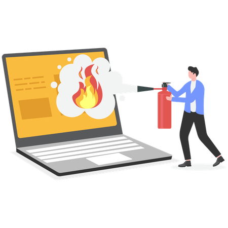Businessman extinguish fire on laptop using fire extinguisher  Illustration