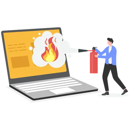 Businessman extinguish fire on laptop using fire extinguisher  Illustration