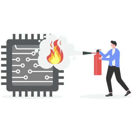Businessman extinguish fire on microchip using fire extinguisher  Illustration