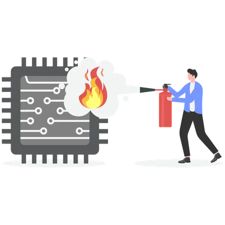 Businessman extinguish fire on microchip using fire extinguisher  Illustration