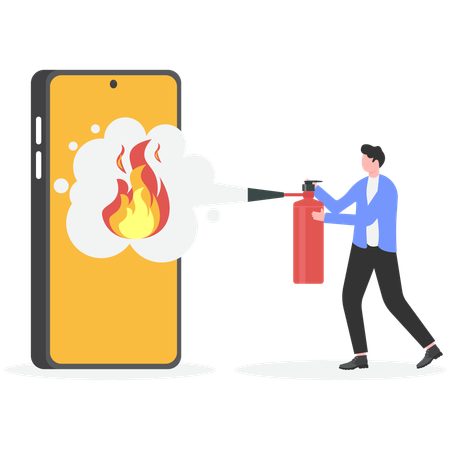 Businessman extinguish fire on mobile using fire extinguisher  Illustration
