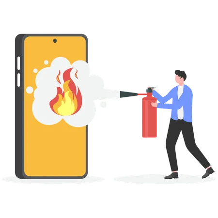Businessman extinguish fire on mobile using fire extinguisher  Illustration