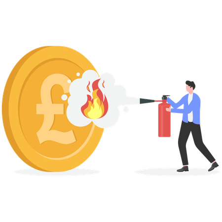 Businessman extinguish fire on Pound coin using fire extinguisher  Illustration